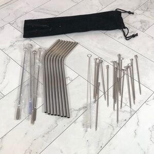NWT 8 Metal Straws Reusable Storage Bag Cleaning Brush Garnish Picks Stirrers